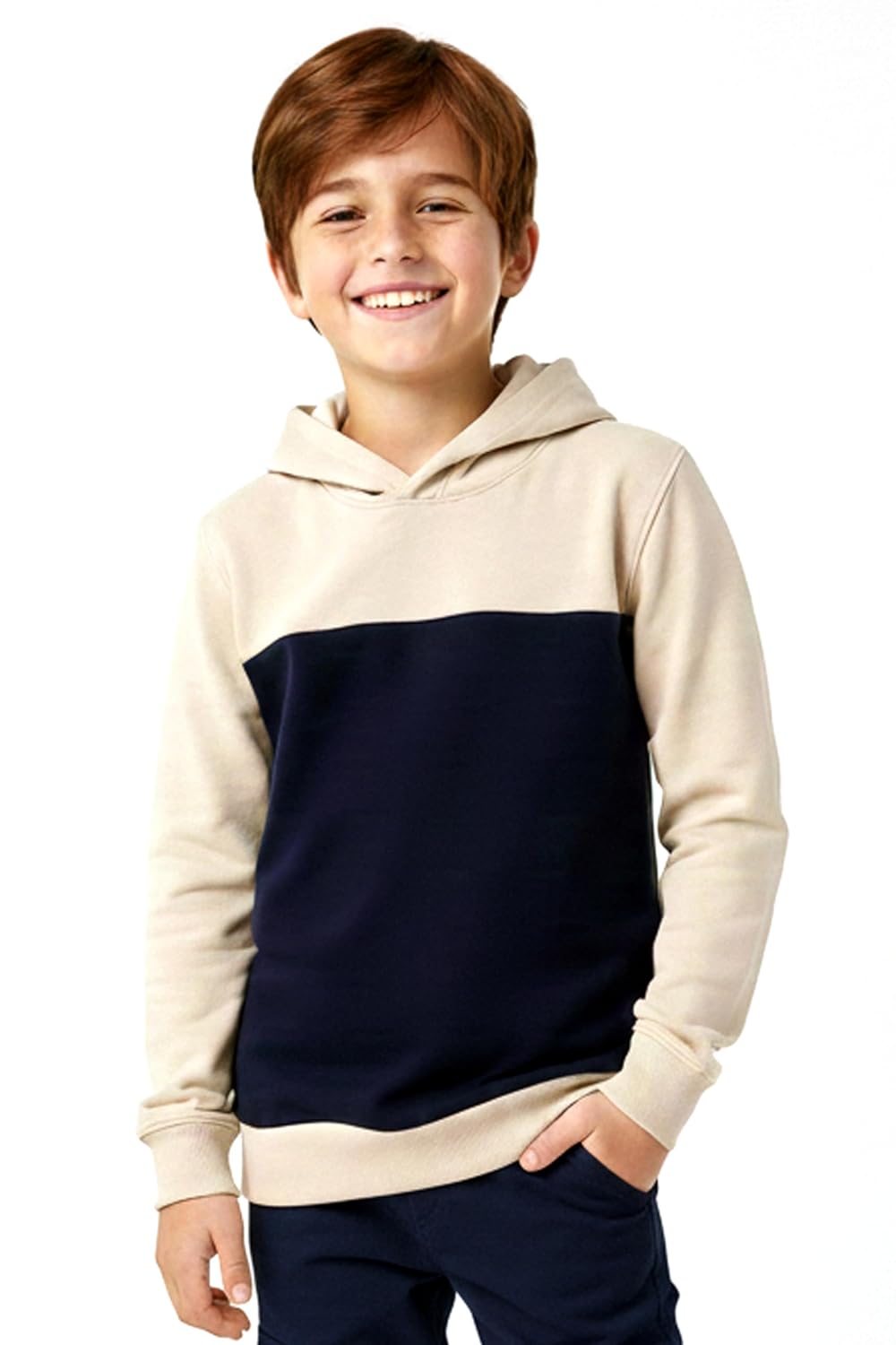 Boys Cotton Full Sleeve Sweatshirt with Hood, Color Block Beige and Navy Blue, Pack of 1 Boys Cotton Full Sleeve Sweatshirt with Hood, Color Block Beige and Navy Blue, Pack of 1