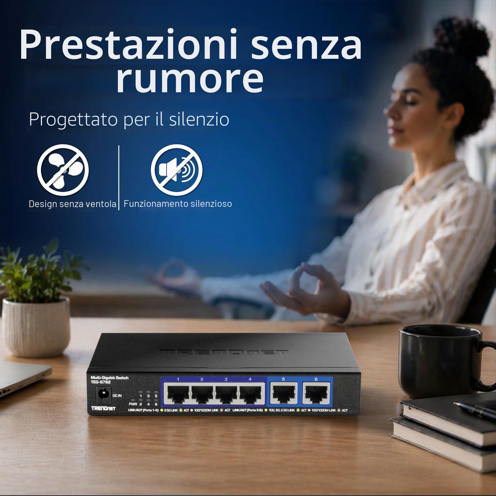 TRENDnet TEG-S762 Switch 6 porte 10G, 4 porte RJ-45 Base-T da 2,5 G, 2 porte RJ-45 10G, capacità di commutazione 60 Gbps, montabile a parete, connessioni di rete 10 Gigabit, nero