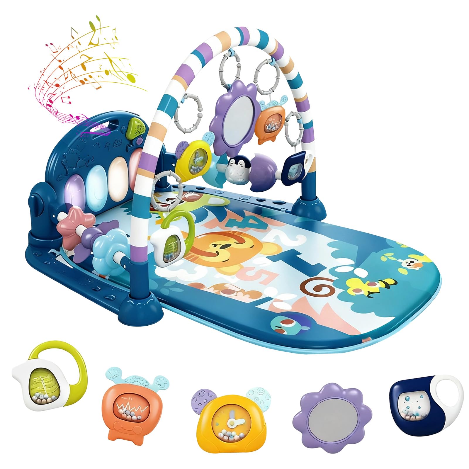 LN COZY CORNER Baby Play Mat Gym, 6-Mode Activity Mat with Kick-Activated Piano & Lights, with 5 Infant Sensory Baby Toys Extra Guardrail, Tummy Time Mat for Newborn Infants 0-12 Months (Blue)