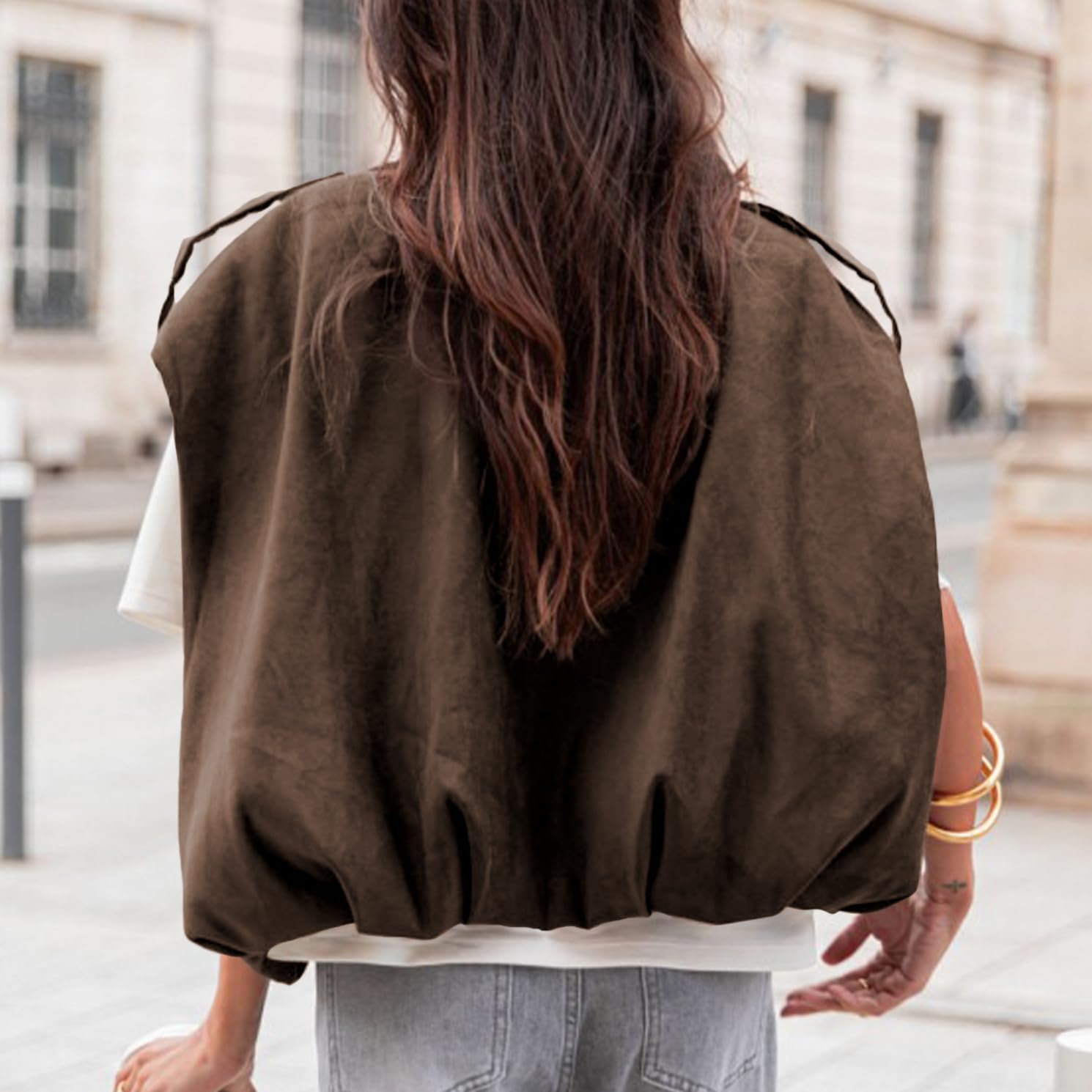 Womens Oversized Faux Suede Vest Cap Sleeve Vest Tops Casual Lapel Collar Coats 2026 Trendy Outfits(Coffee,S) - Image 3