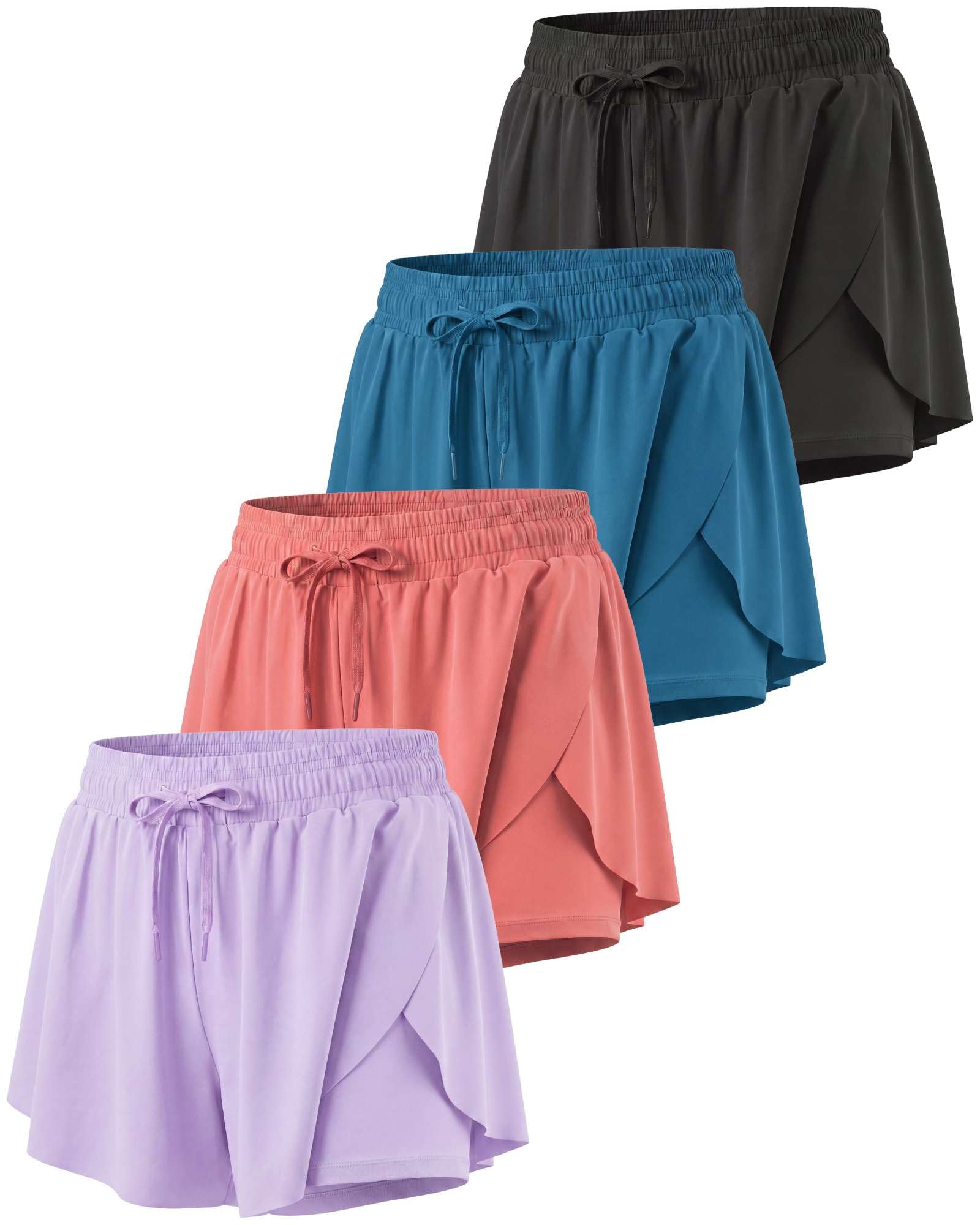 Real Essentials 4er-Pack: Damen-Laufshorts mit fließender und trockener Passform – Spandex unter der Unterseite, athletische Workout-Shorts (Plus erhältlich)