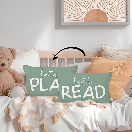 Miniatura 3 de HIWX Decoración para sala de juegos para niños, almohadas de aula, almohada decorativa de 12 x 20 pulgadas, con texto en inglés "Let's Read Play"