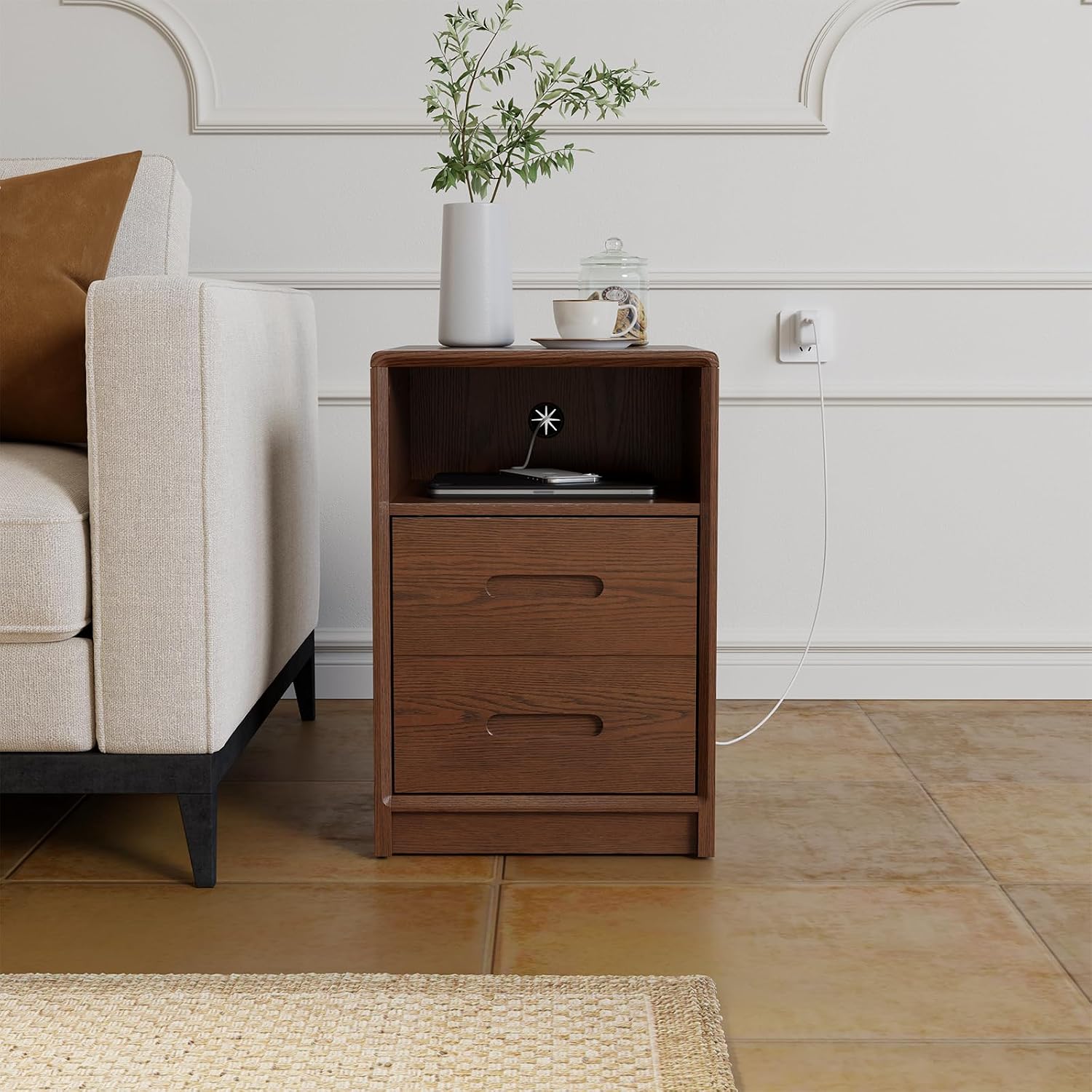 Modern Nightstand, Wooden Bedside Table with Open and Closed Storage Space and Removable Shelf, Night Stand is Ideal for Bedroom