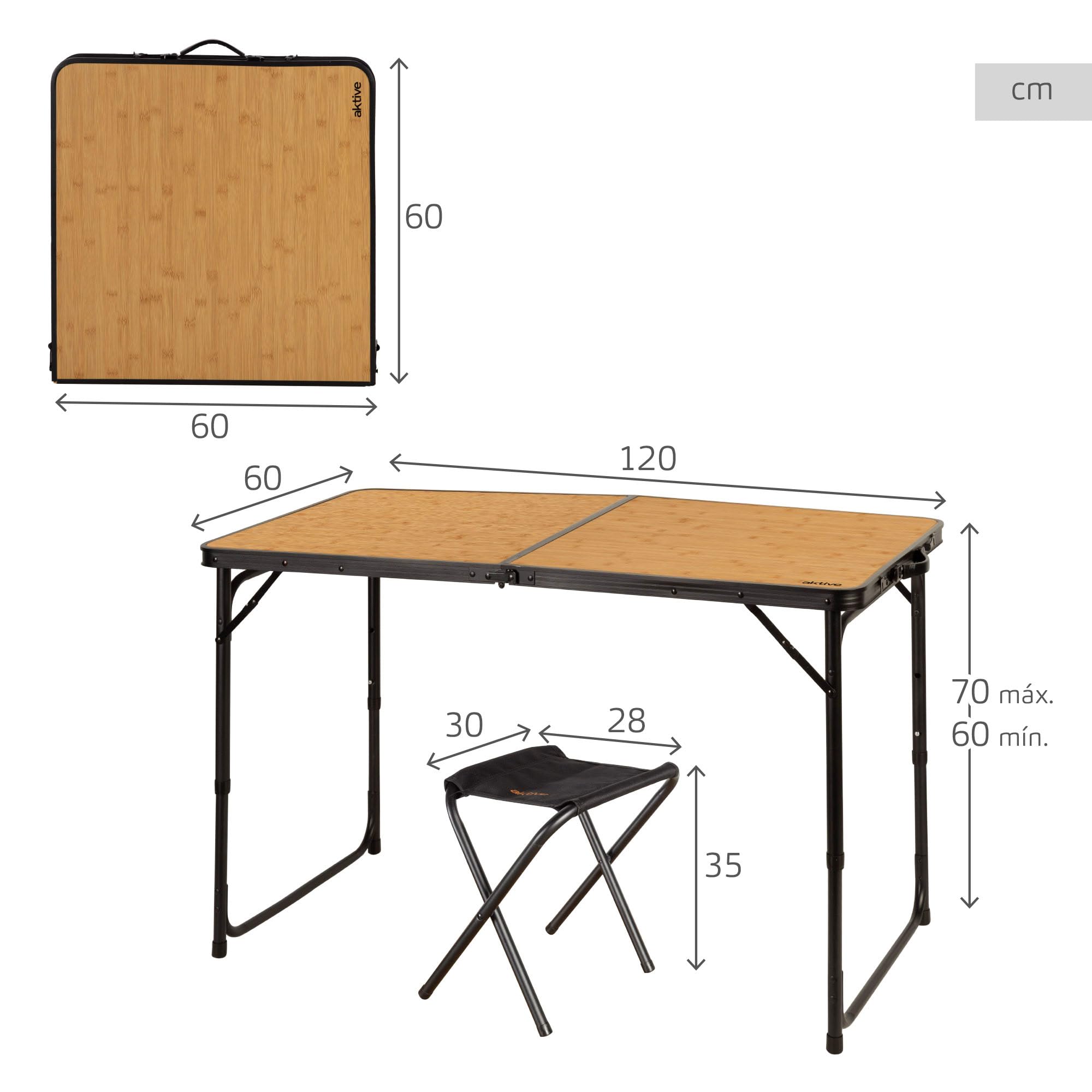 AKTIVE 63162 składany stół aluminiowy z 4 stalowymi stołkami, regulacja wysokości 60/70 cm, powierzchnia 120 x 60 cm, wykończenie bambusowe, przenośna konstrukcja z uchwytem na kemping, plażę i do