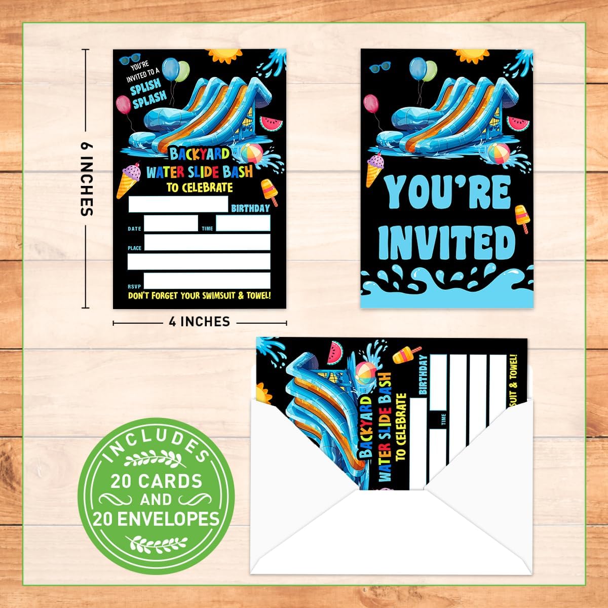 Waterslide Birthday Invitations for Boy, Summer Pool Birthday Party Invitations Swimming Invite Cards, Splish Splash Water Slide Bash, 20 Invites with Envelopes (4"x6")