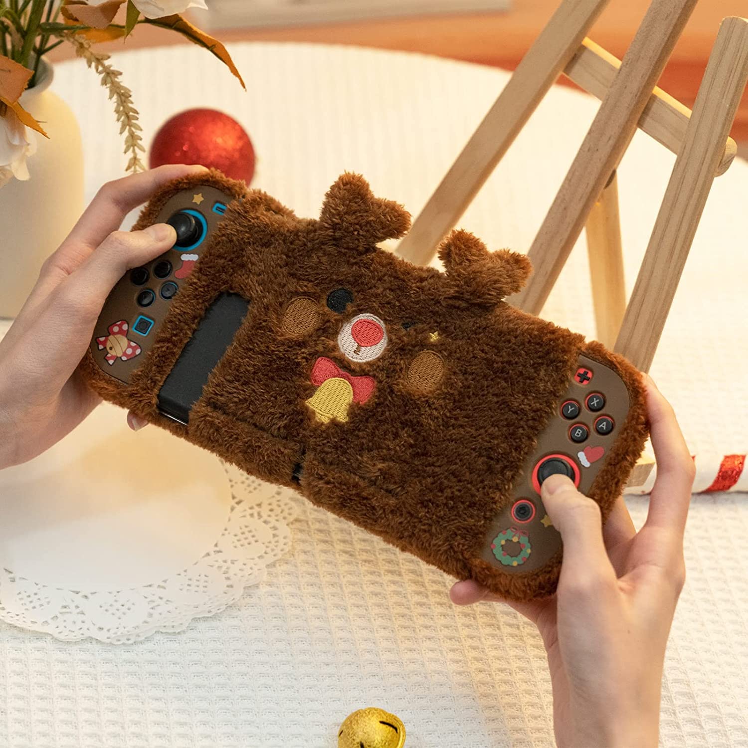 GeekShare Coque de Protection en Peluche Mignonne Compatible avec Switch et Joy Con - Absorption des Chocs et Anti-Rayures - Thème Noël