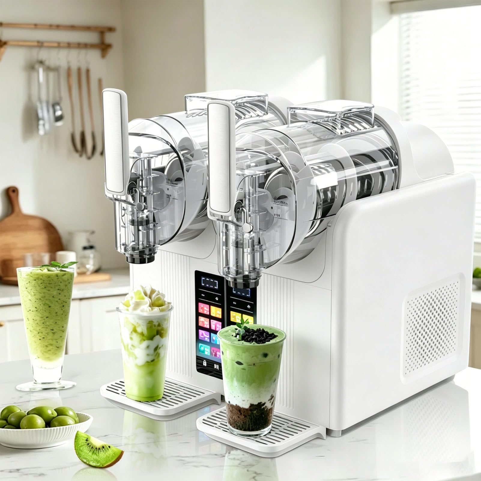 Pfps 430W Slushie Maker Machine, 7-In-1 Slushy Maker, Dual 2L Tanks, Auto-Clean, LED Touch Panel, Soft Serve Ice Cream Maker for Home Bar Cafe White