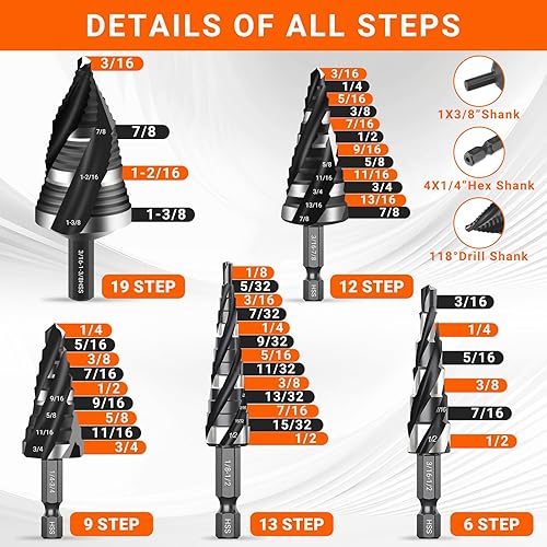 Miniatura 2 de Juego de 5 brocas en espiral HSS de 4 flautas (18"-1-38") con vástago de 14" y 38", brocas escalonadas para perforación de agujeros en acero