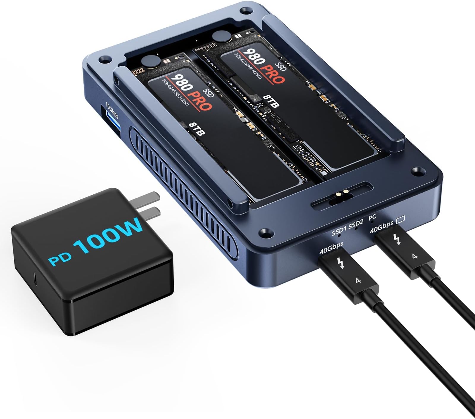 ACASIS 40Gbps M.2 NVMe SSD Enclosure, Cooling Fan, Compatible Thunderbolt 4/3/USB 4.0, Support SSD B+M M-Key, Dual-Bay SSD Enclosure Dual Monitor Support Software RAID, 2 USBC 40Gbps for M1/M2/Windows