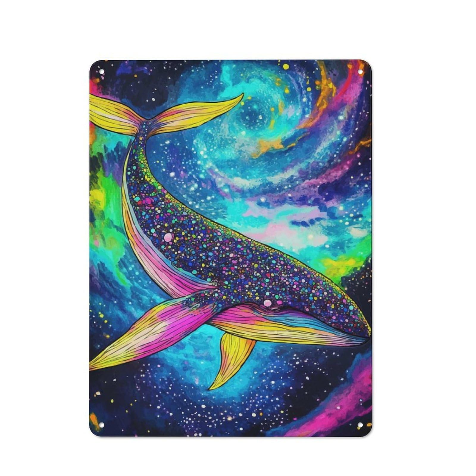 Retro Metal Sign with Cosmic Whale Colorful Nebula Design 40x30cm, Weathered Look Shed Wall Plaque for Garage, Workshop, Shed Or Utility Room