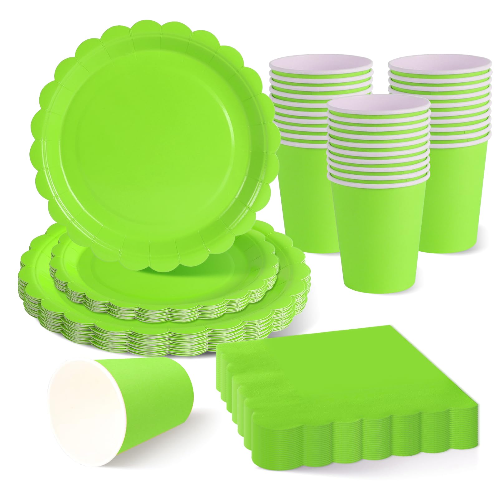 ZblPyro Yellow-Green Party Tableware Set for 30 Guests | A Set of 120 pcs Includes 9" & 7" Scalloped Paper Plates, Cups & Napkins | Easter Celebration, Spring Party & Garden Gathering — image 1
