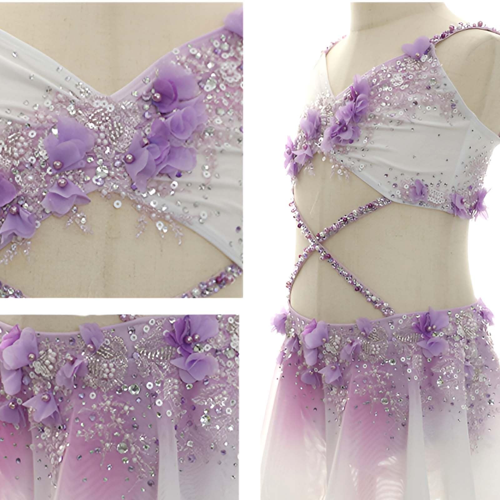 Strój do Tańca Lirycznego Damski z Ramiączkami i Szyfonem na Scenę | Strój do Tańca Nowoczesnego, Elastyczny Spandex z Kwiatami 3D i Kryształkami, Asymetryczny Szyfonowy Dół na Scenę