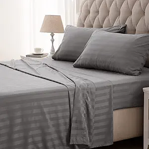 SLEEP ZONE Striped Cooling Sheets Set Full Size - Fitted Flat Sheet & Pillowcase Sets 4 Piece - Super Soft Stripe Bed Sheet, Easy Care, Deep Pocket (Gull Grey, Full)