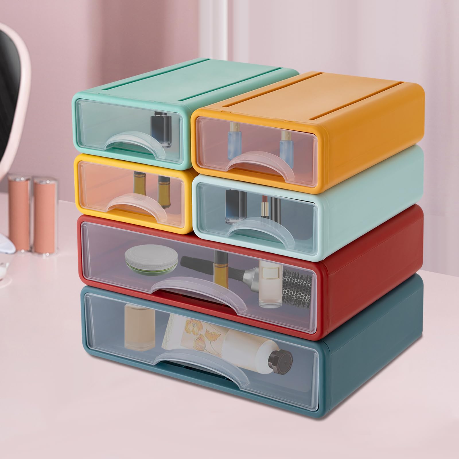Boîte de rangement de bureau à 6 tiroirs en plastique empilable pour documents, fournitures de bureau, bijoux, cosmétiques, maison et bureau, boîte de rangement de bureau DIY (multicolore)