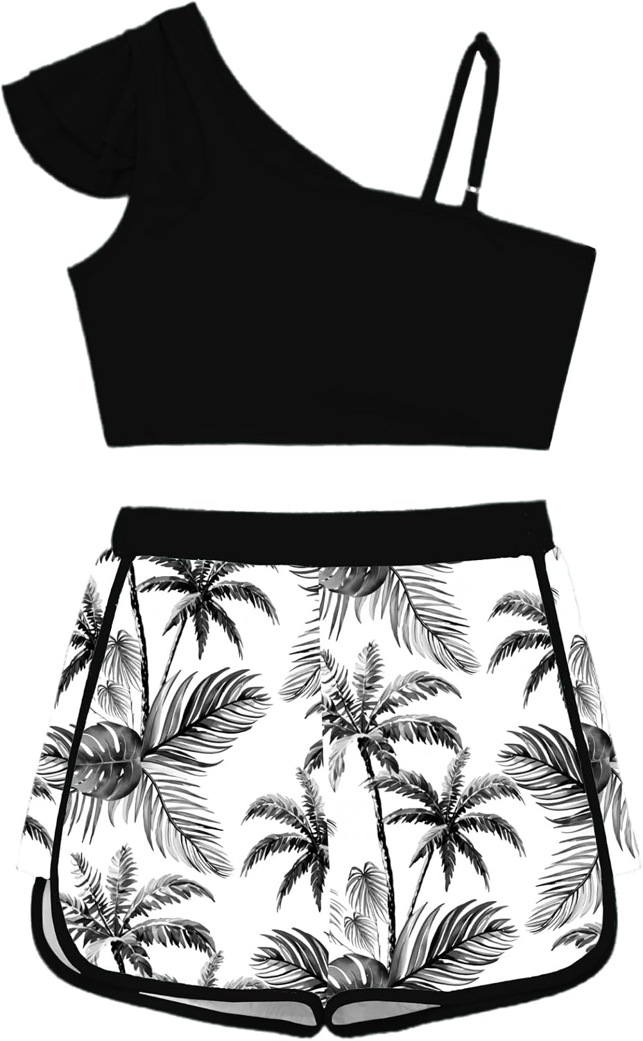 Girls Swimsuit Tankini Tropical Print Swimwear One Shoulder Swim Tops with Shorts 2 Piece Bathing Suit