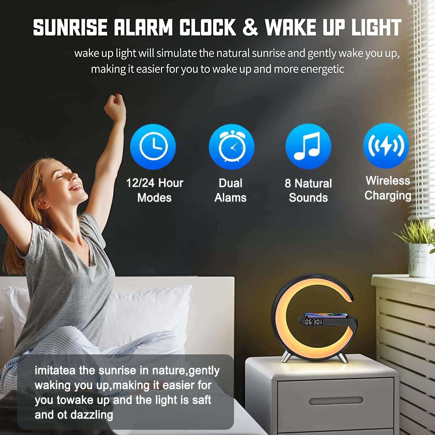Lampada da tavolo a LED intelligente, 5 in 1, stazione di ricarica wireless veloce, 256 modalità di luce, lampada da comodino dimmerabile, altoparlante Bluetooth e controllo app per camera da letto