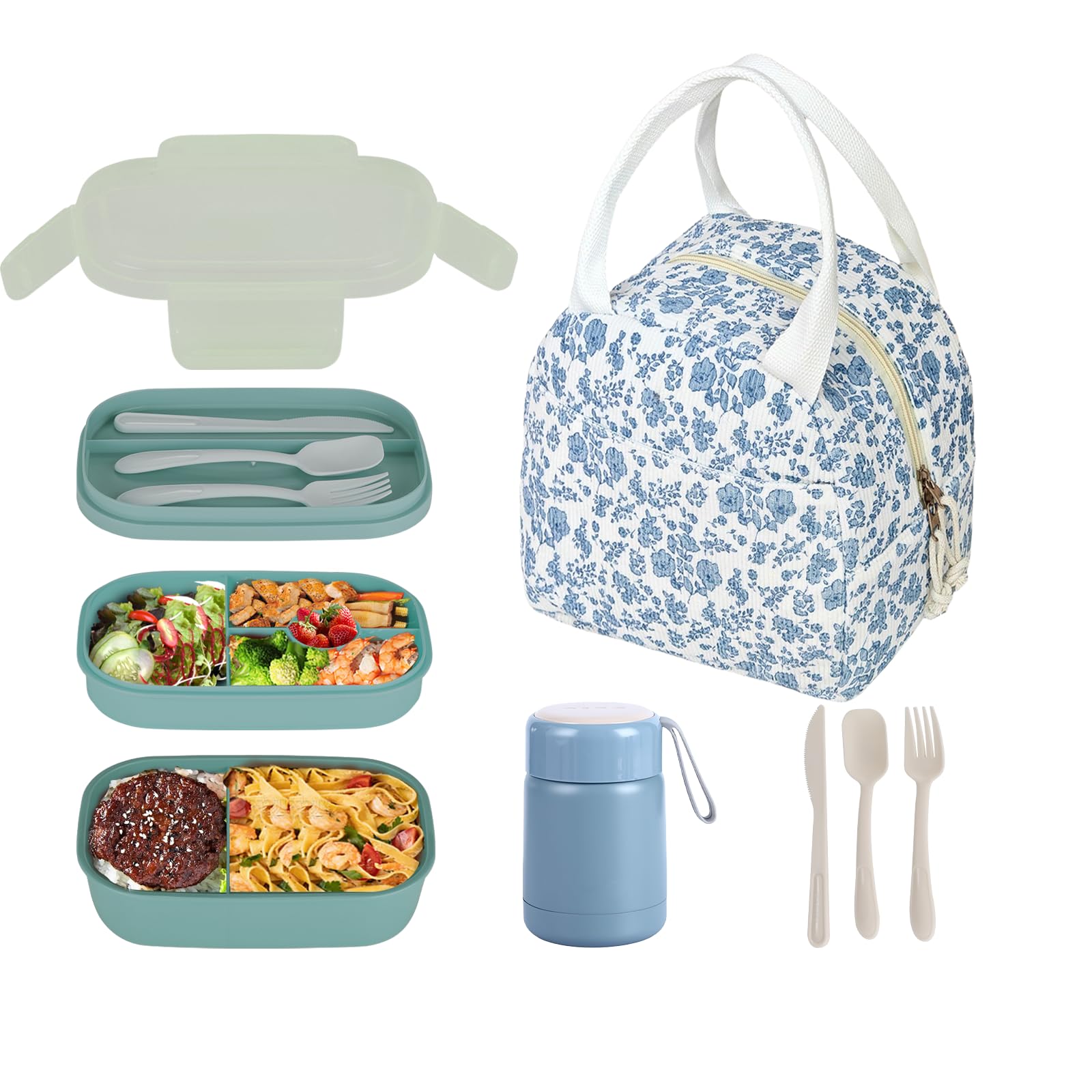 Bento Lunch Box Set for Women, with 12oz Soup Thermo, with Leak-Proof Food Containers, Insulated Lunch Bag for Travel Picnic