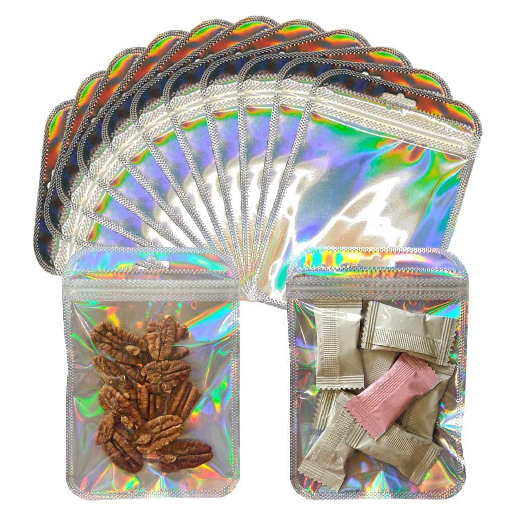 50 PCS Cellophane Bags, 10.5×15cm Pink Plastic Bags, Grip Foil Ziplock bags, Resealable Storage Pouches, Sweet & Cookie & Plastic Bag, Jewellery and Sweets, Perfect for Kitchen Storage (Laser Silver)