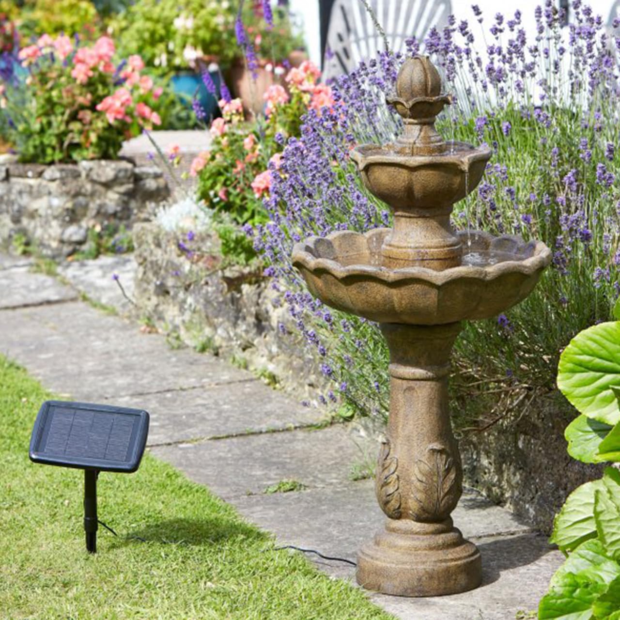 Mysmartbuy.com Bronze Kingsbury Solar Powered Water Fountain - Stone-Effect 3 Tier Cascading Outdoor Garden Water Feature With Battery Backup & Timer Function For Patio, Decking, Lawn, Yard - Measures H98 X 48Cm Diameter