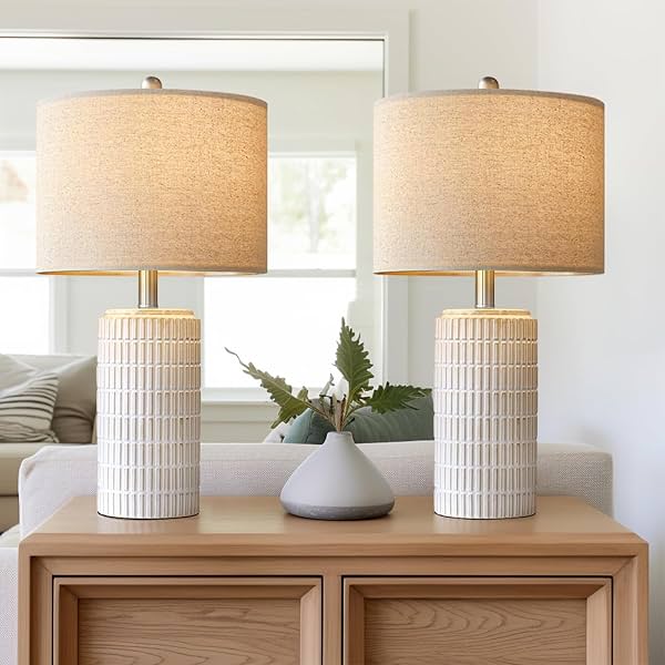Lámpara de mesa moderna de cerámica PoKat 23" set de 2 para sala, recámara, blanco | Lámparas para buró, luz para mesa auxiliar y escritorio estilo rústico, regalo ideal para estrenar casa, decoración para mujeres y mamás