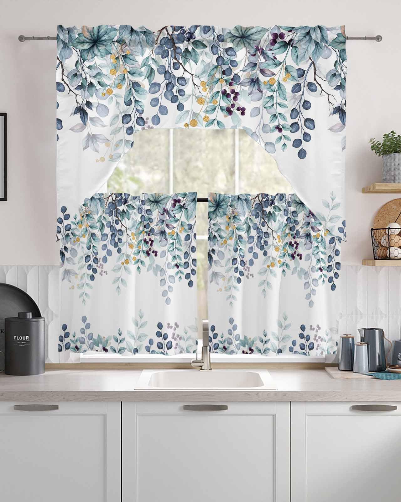Onekaccu Blue Eucalyptus Leaves Swag Valance and Tier Set, Rod Pocket 3 Piece Kitchen Curtains Over Sink, Watercolor Botanical for Bedroom Bathroom, 24 Inch Length
