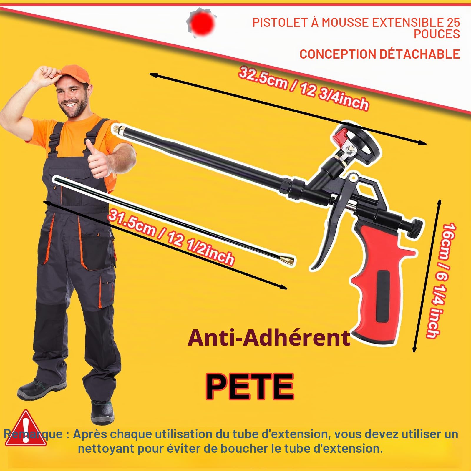 Pistolet à mousse extensible 63cm – Panier revêtu PTFE antiadhésif, pistolet professionnel pour mousse expansée, calfeutrage, isolation, remplissage, scellement (Rouge)