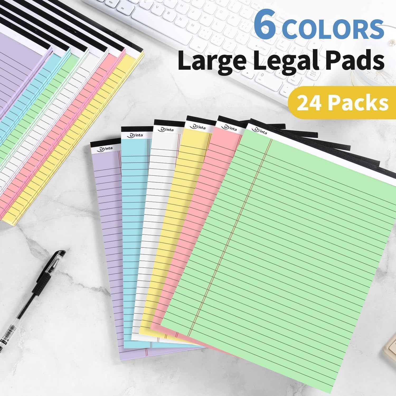 Dynta 24 Pack Colored Legal Pads, 1080 Sheets Wide Ruled Lined Writing Note Pads, 8.5 X 11.75 Inch, 45 Sheets Per Notepad