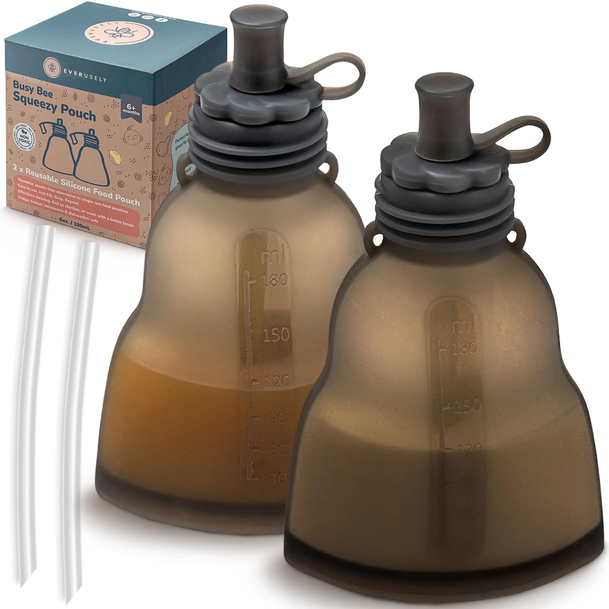 Everusely Reusable Baby Food Pouches for Toddlers - 2 Pack, 6 oz/180 ml, Slate - Squeezable Silicone Food Pouch - Refillable, Leakproof, Spill Proof