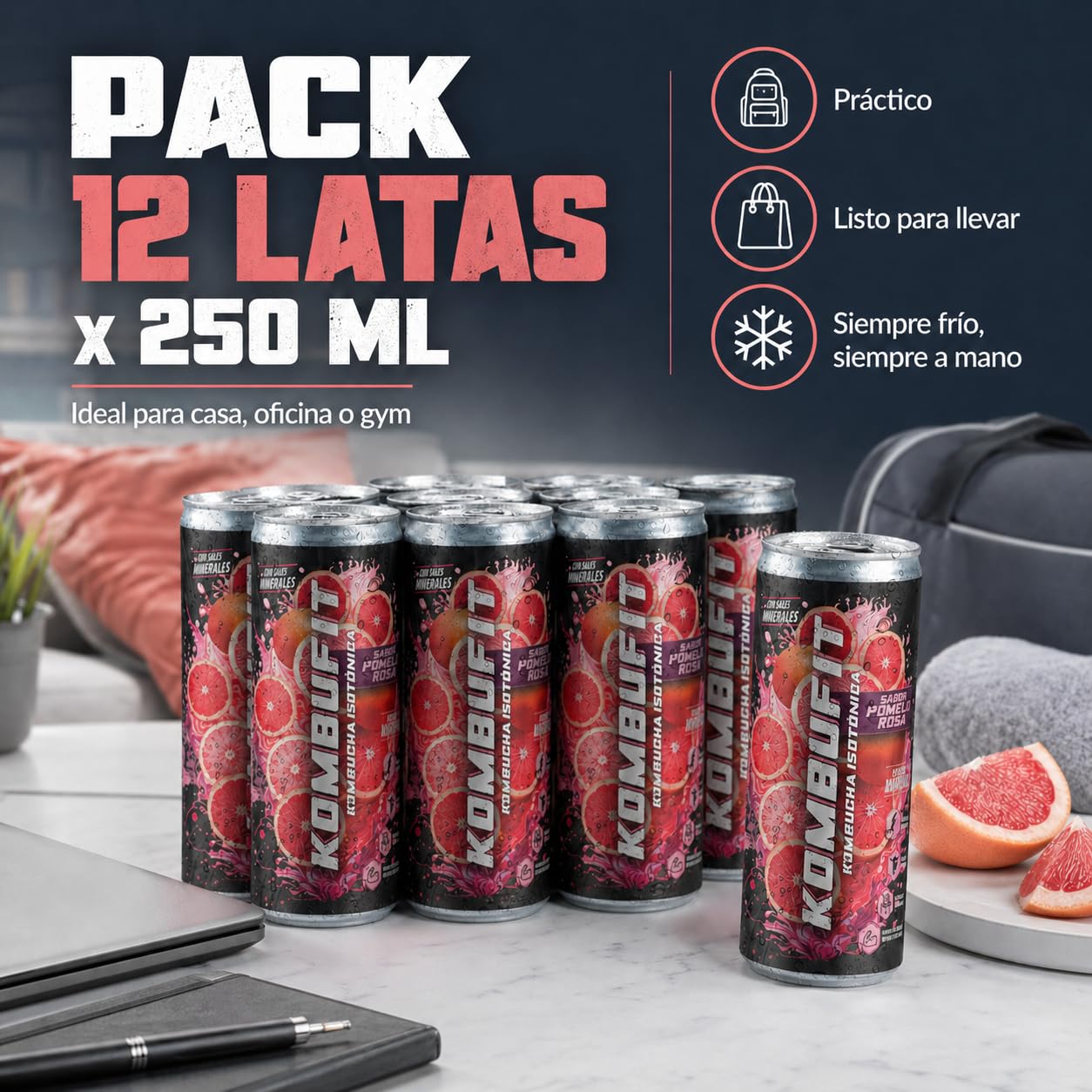 Kombucha Isótonica Natural Onflow, Té Kombucha, Sin Azúcar, Sabor Pomelo Rosa, Pack 12 Latas x 250 ML