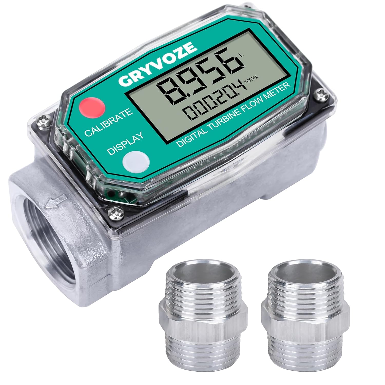 1 Inch Digital Turbine Fuel Flow Meter, 2.6-26 GPM Inline NPT Thread Flowmeter with 1 Inch NPT Male for Water, Diesel, Gas Oil, Gasoline, and Other Liquids - Supports Gallon, QTS, PTS, L, m³