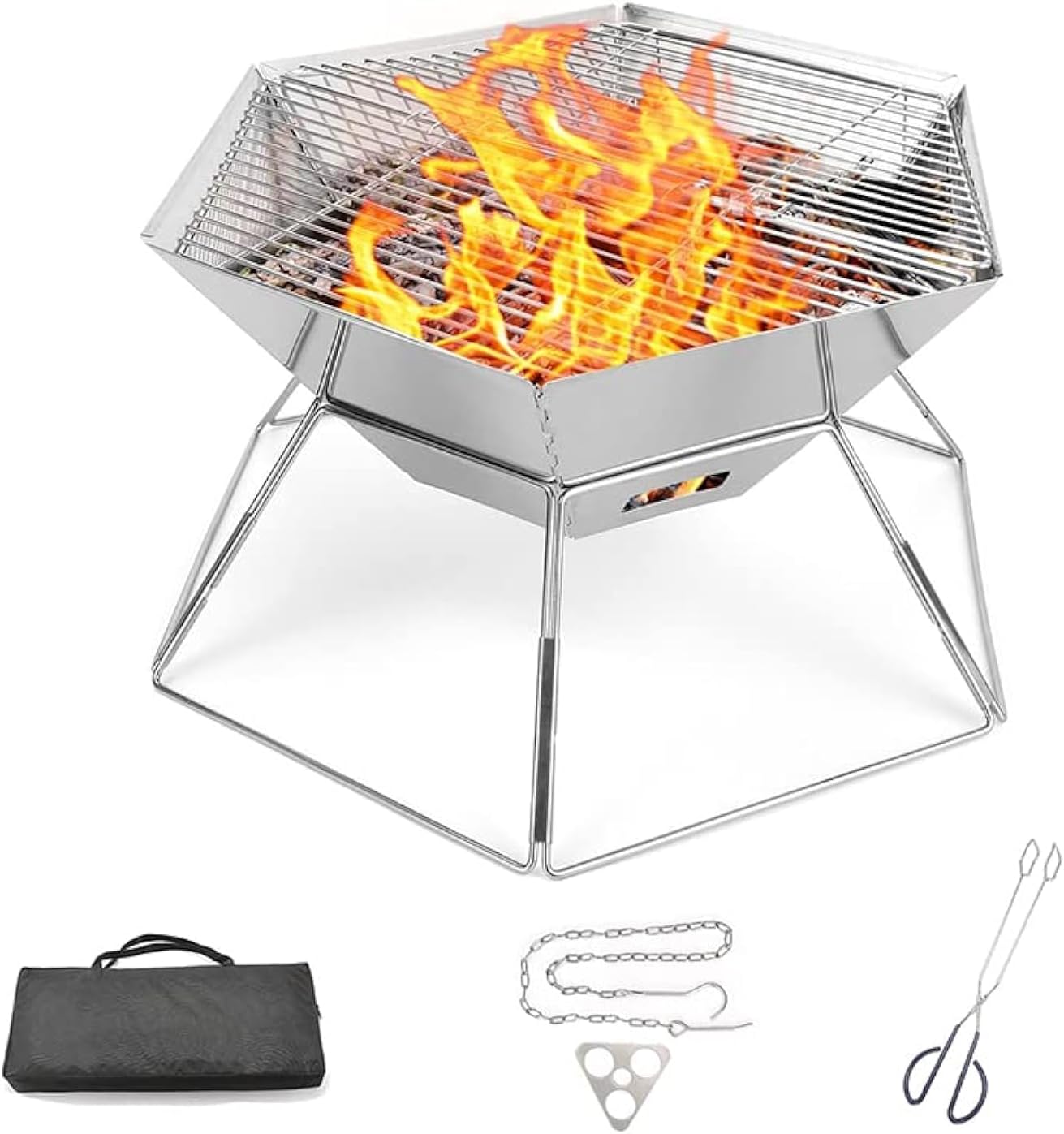 Portable Large Camping Grill Hexagonal Fire Pit | 304 Stainless Steel Grill Gate + Tripdo Board + Chain Hook +Scissors Tong + Storage Bag