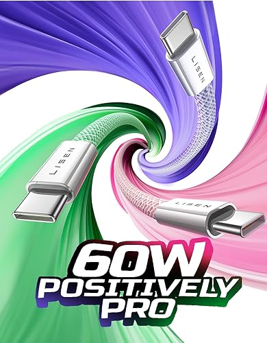 Miniatura 3 de LISEN Cable USB C, paquete de 3 cables USBC a USBC de 6.6 pies de 48 hebras trenzadas, 60 W (3.1 A), USB C a USB C, cable de carga rápida colorido