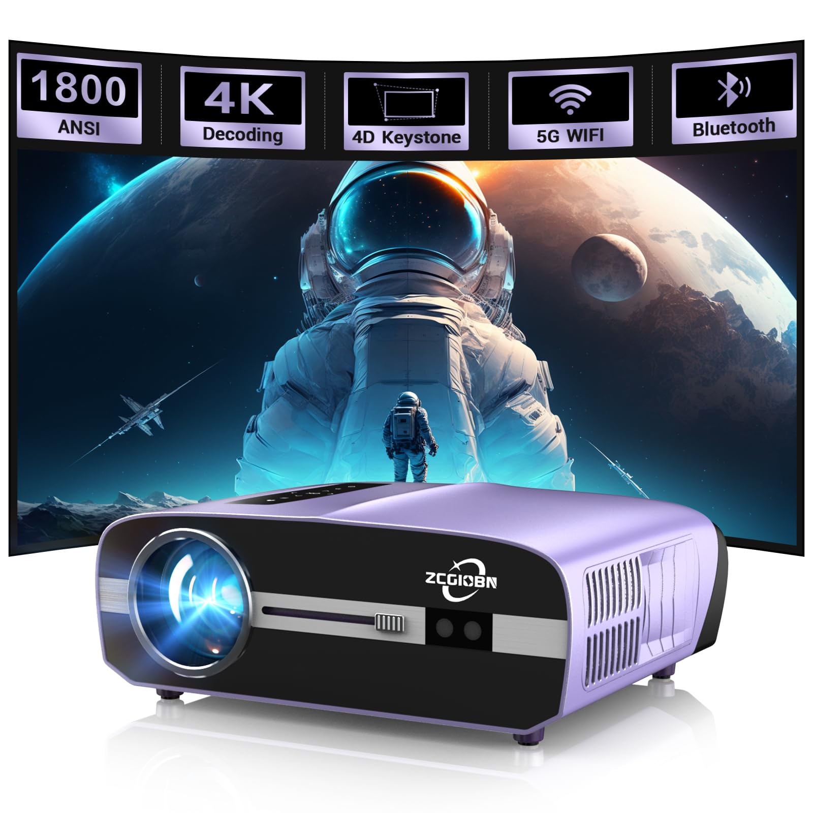 Smart 4K Projector Daytime 1800ANSI Lumens, Ultra HD LED Home Cinema Projector WIFI 6 Bluetooth,Android TV,Built in Apps,HDR10,6D Keystone,DSP Audio,38W Speaker, Zoom for Bedroom Outdoor Movie Gaming
