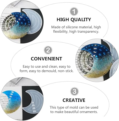 Miniatura 8 de COHEALI Moldes de resina, moldes redondos de silicona, 9 piezas, calendario de fase lunar, calendario colgante, calendario circular, giratorio,
