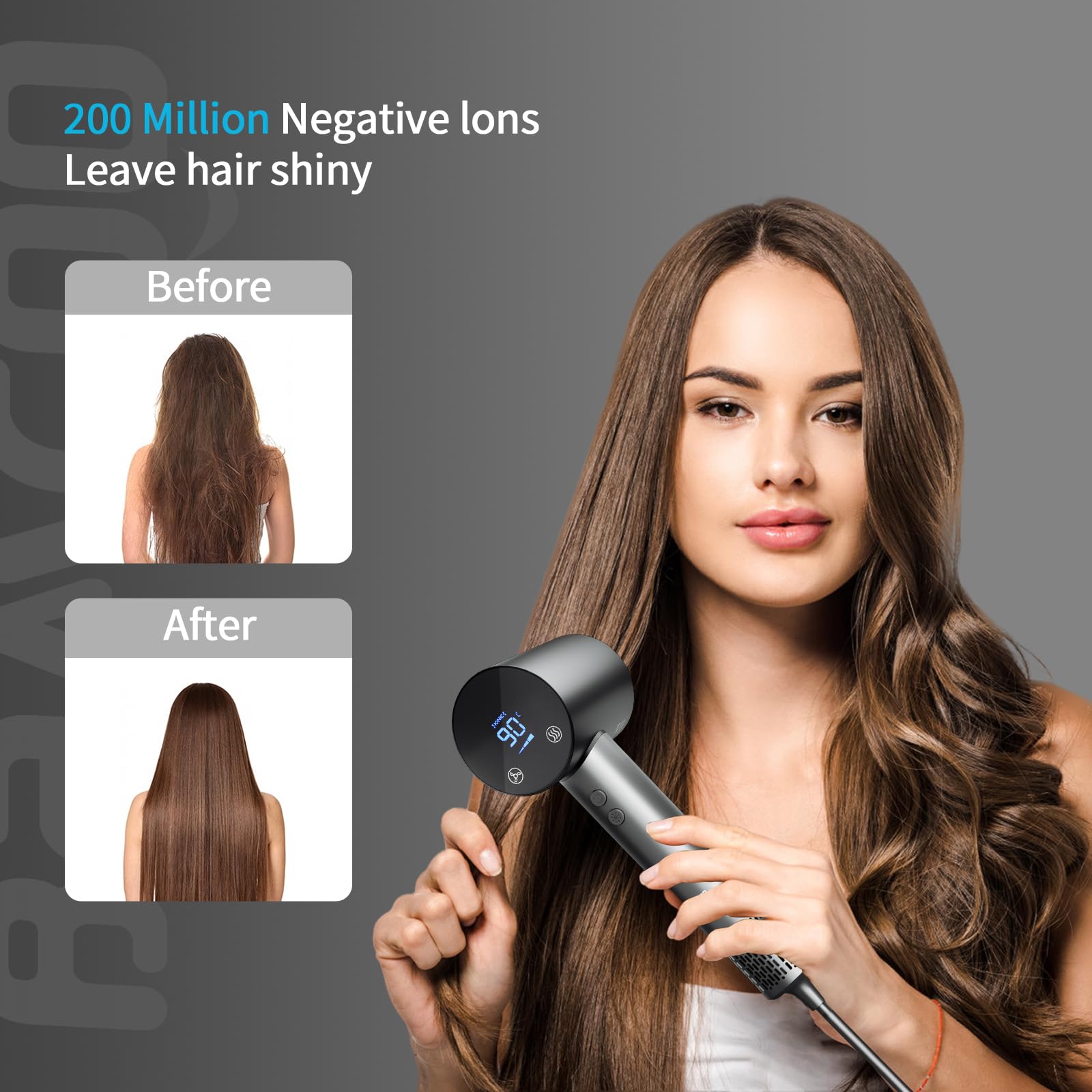 Seche Cheveux Professionnel Ionique 1500W 4 niveaux de température & 3 niveaux de vitesse seche cheveux ionique voyage Écran HD Température Écran tactile (Gris)