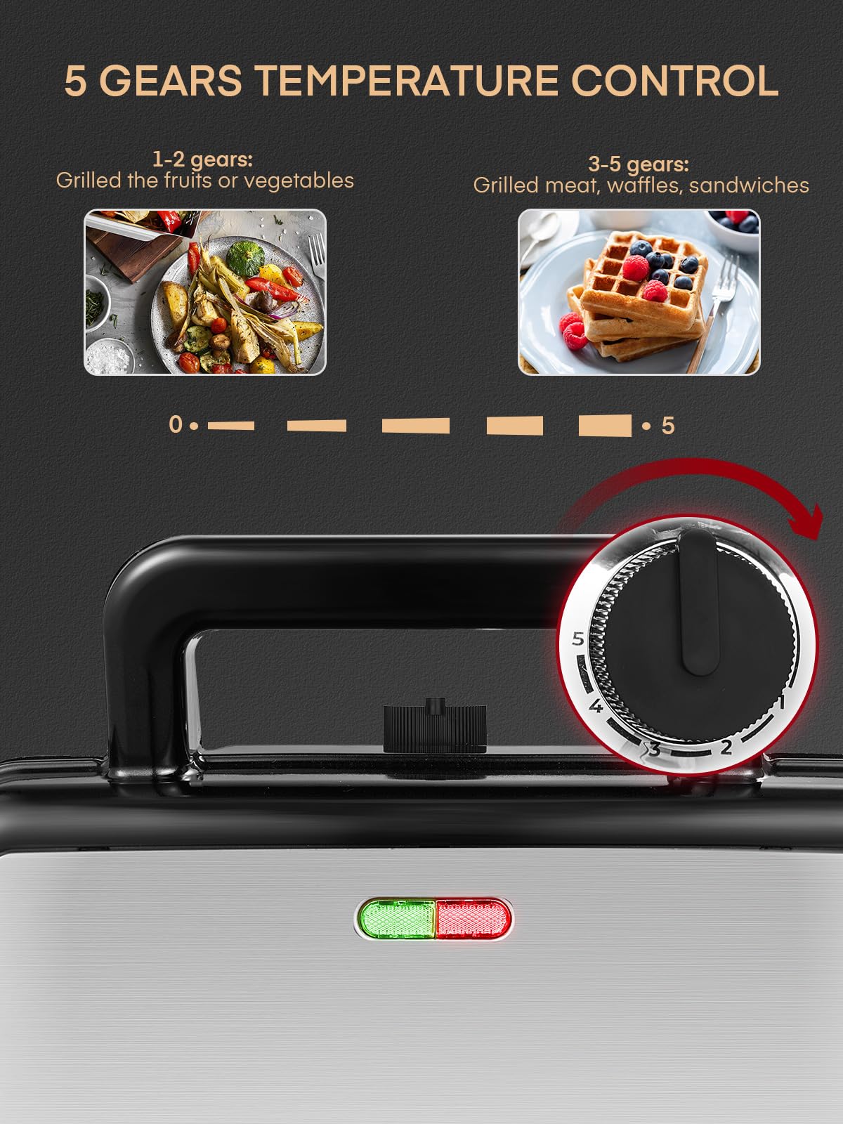 Gofrera 3 en 1, Plancha para Sandwichera con Regulador de Temperatura, 3 Plato Extraíble para Tostadas, luz Indicadora, Gofres y Carne, Acero inoxidable & Revestimiento Antiadherente, Negro