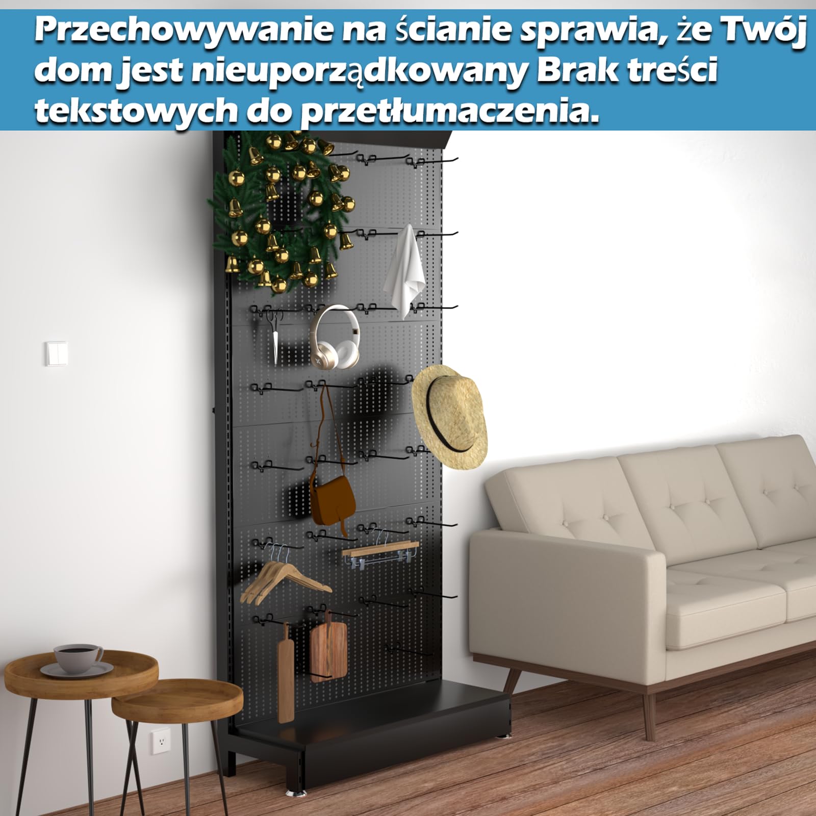 Regał na kratki, 30 haczyków, metalowy stojak (czarny uchwyt na płytę osłonową)