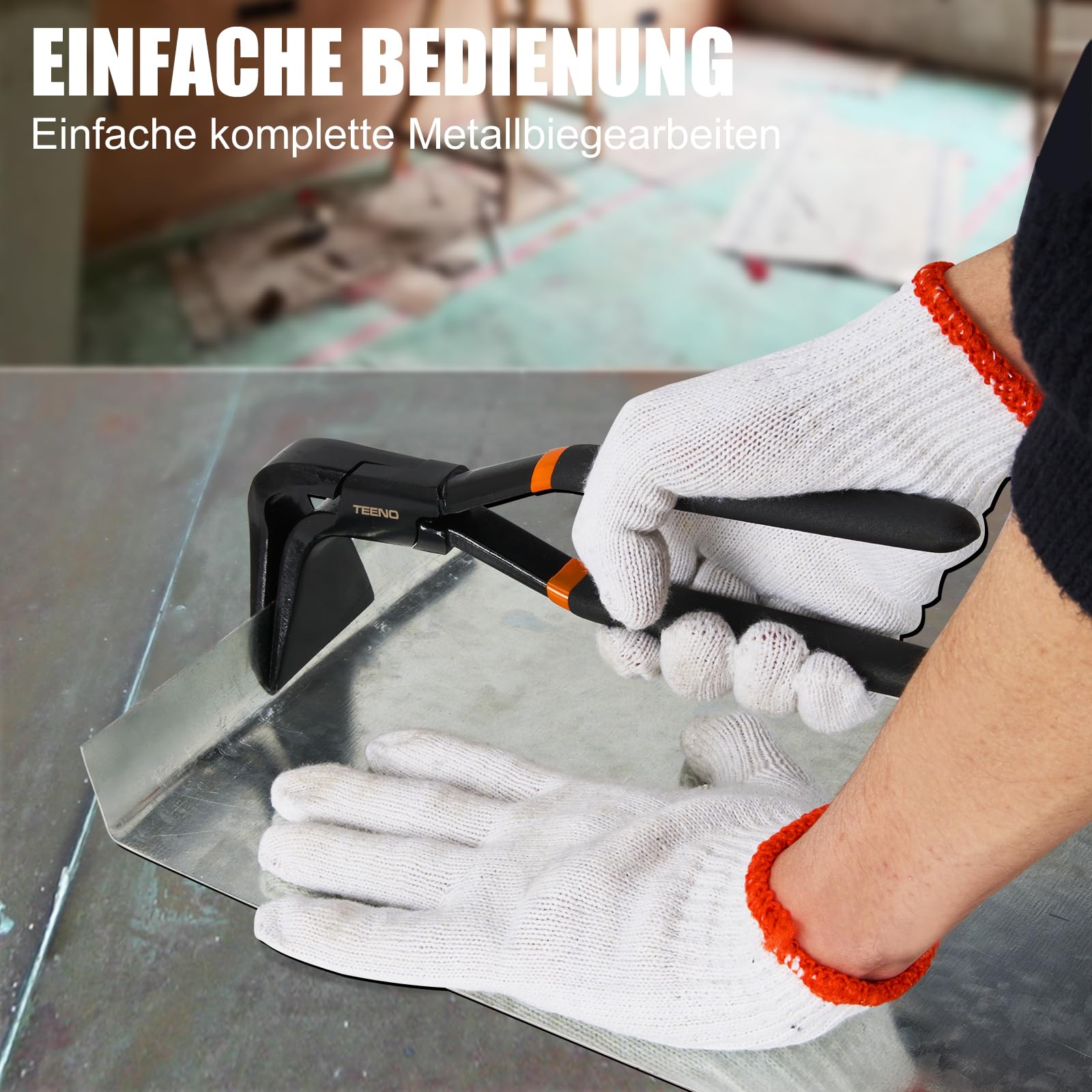 TEENO 3Tlg Abkantzange Biegezange Falzzange [0°], [45°] and [90°], Maulbreite 60mm, Blechbiegezange aus Kohlenstoffstahl, mit Handschuhe für Dachdecker Dekorateur Werkstatt und Heimwerker