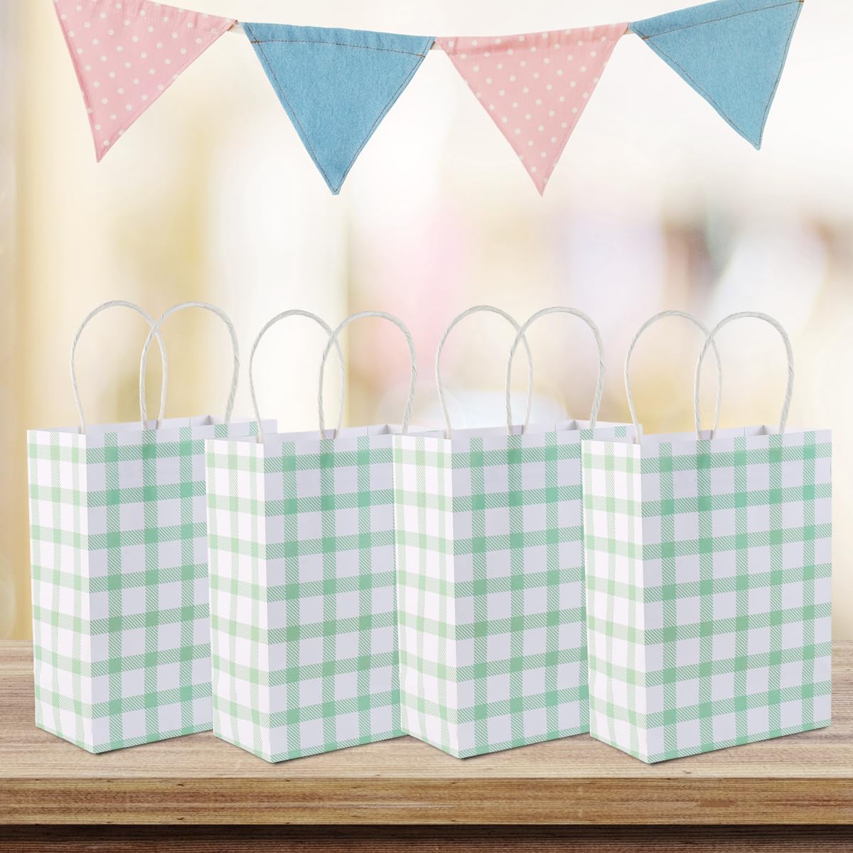 BHHQHH 24 Pcs Sage Green Gingham Party Supplies Gift Bags Green Checkered Kraft Paper Goodie Bags for Party Favors Birthday Wedding - Image 7