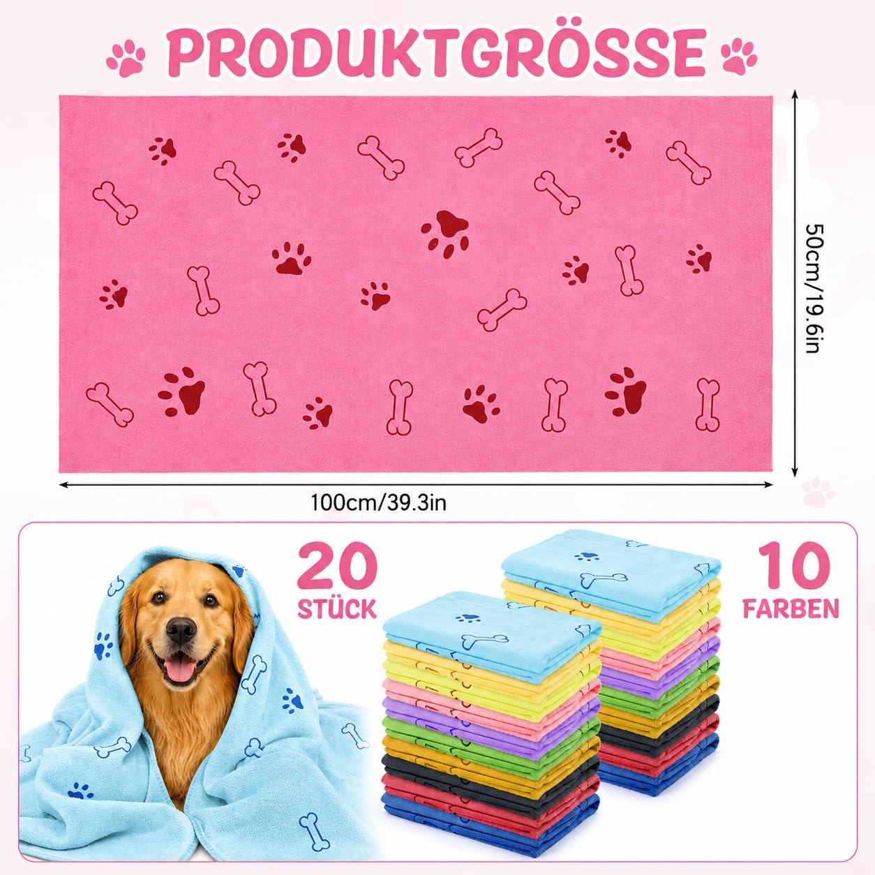 20 Stück Hundehandtücher 100 x 50 cm Mikrofaser Haustier Handtücher Saugstark Schnelltrocknend Hundetuch für Kleine Mittlere Große Hunde Welpen Katzen 10 Farben