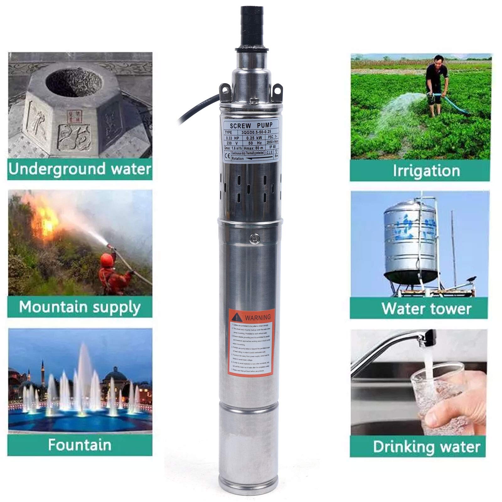 Pompa per pozzi profondi da 3 pollici, in acciaio inox, 262,47 m, altezza di mandata, 250 W, 2,850 giri/min, 422,68gal/h, per fontane, pozzi, cisterne, pompa per acqua profonda