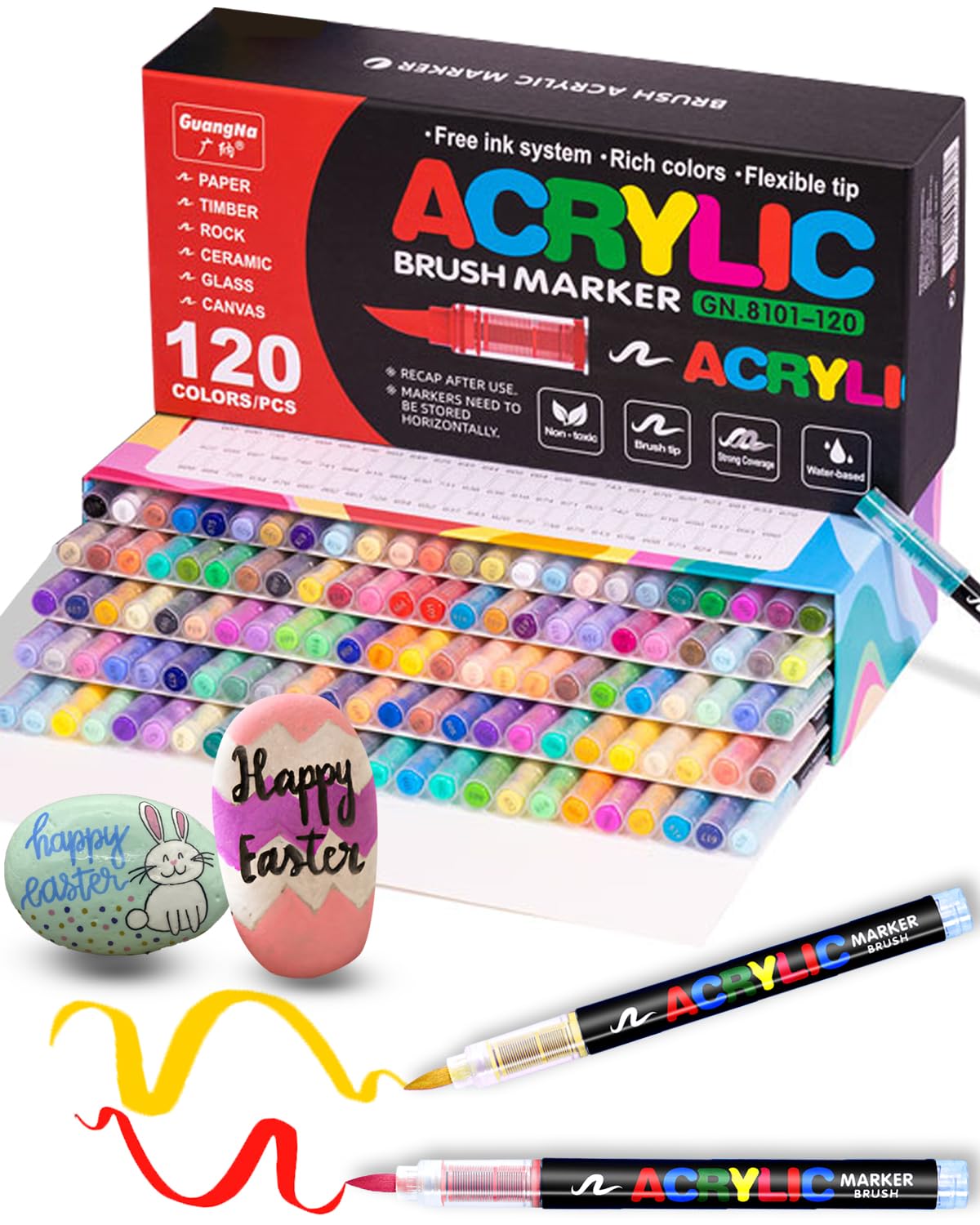 Guangna 120 Colors Direct Liquid Soft Tip Acrylic Marker, Acrylic Paint Marker, Brush Tip, Acrylic Paint Pens, Ideal for Stone Pating, Canvas, Glass, Wood, Stone, Fabric, Plastic, DIY Crafts