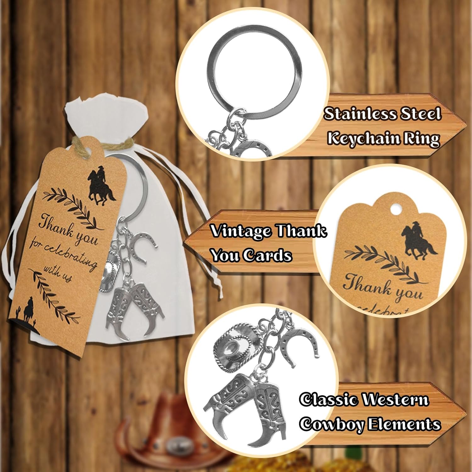 FEXICHUJI 91Pcs Western Cowboy Keychain Hat Boot Horseshoe Themed Keychain Organza Bag Thank You Card and Rope Country Party Decorations Western Gifts for Both Cowboys and Cowgirls