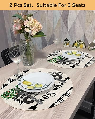 Miniatura 4 de Paquete de 2 manteles individuales redondos trenzados, diseño de búfalo negro y blanco, a cuadros, árbol de Navidad, camión de 15 pulgadas,