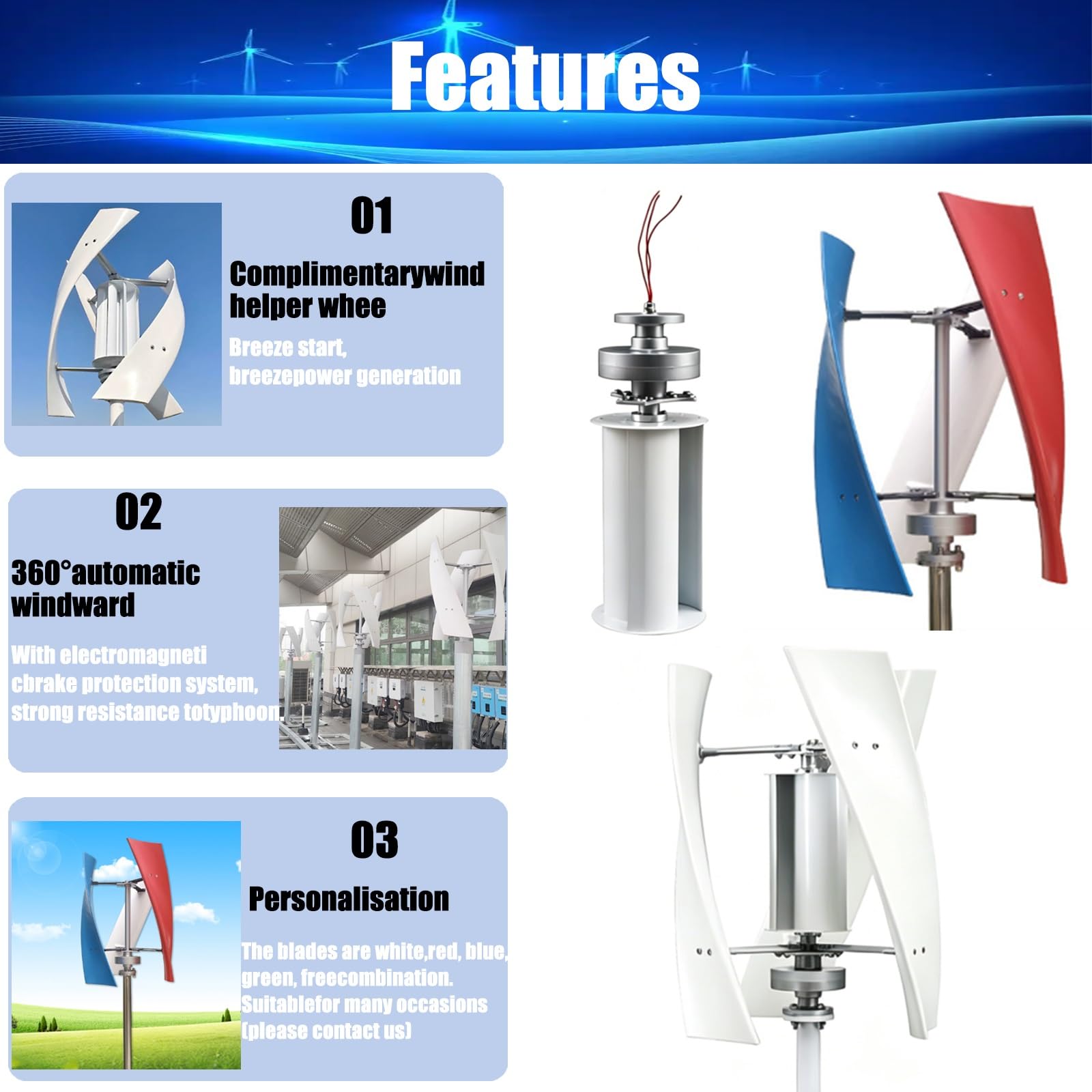 Aerogenerador Doméstico 16000W 20000W Turbina Eólica Vertical Kit Completo de 12V 24V 48V 220V con Controlador, Generador de Bajo Ruido en Espiral para Jardín(16000W,220V)
