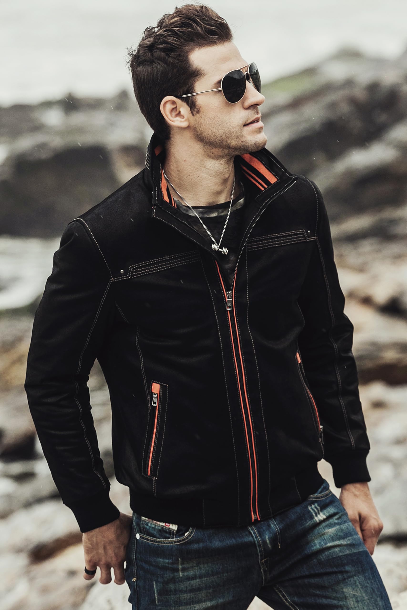 FLAVOR Herren Echtes Leder Lederjacke Stehkragen Jacken