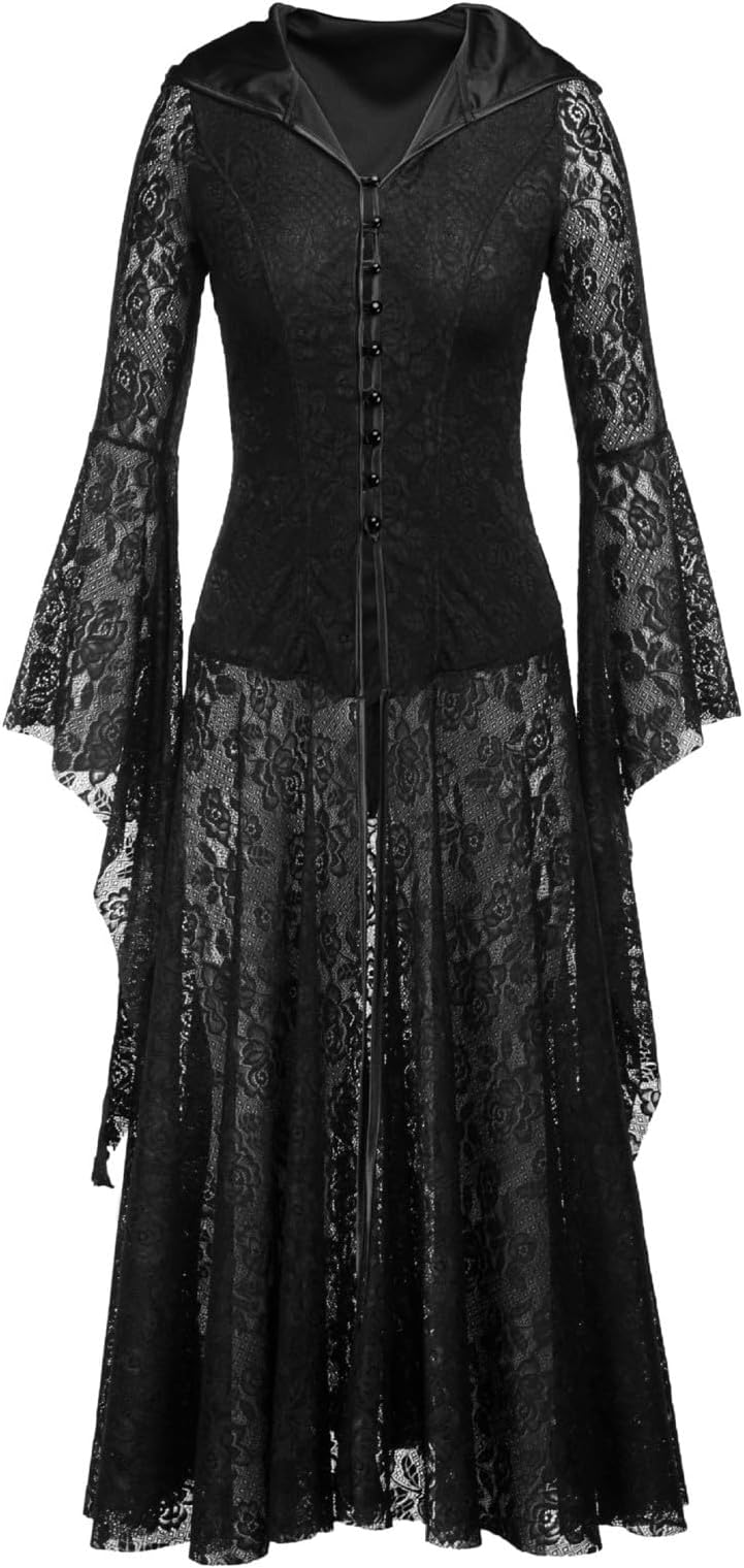 WAYOM Long Dress, Vintage Medieval Little Black Lace Dress Gothic Retro Midi Dress Streetwear Long Sleeve Black Sexy Hooded Dress Halloween Fashi (Color : Hortel�, Size : L)