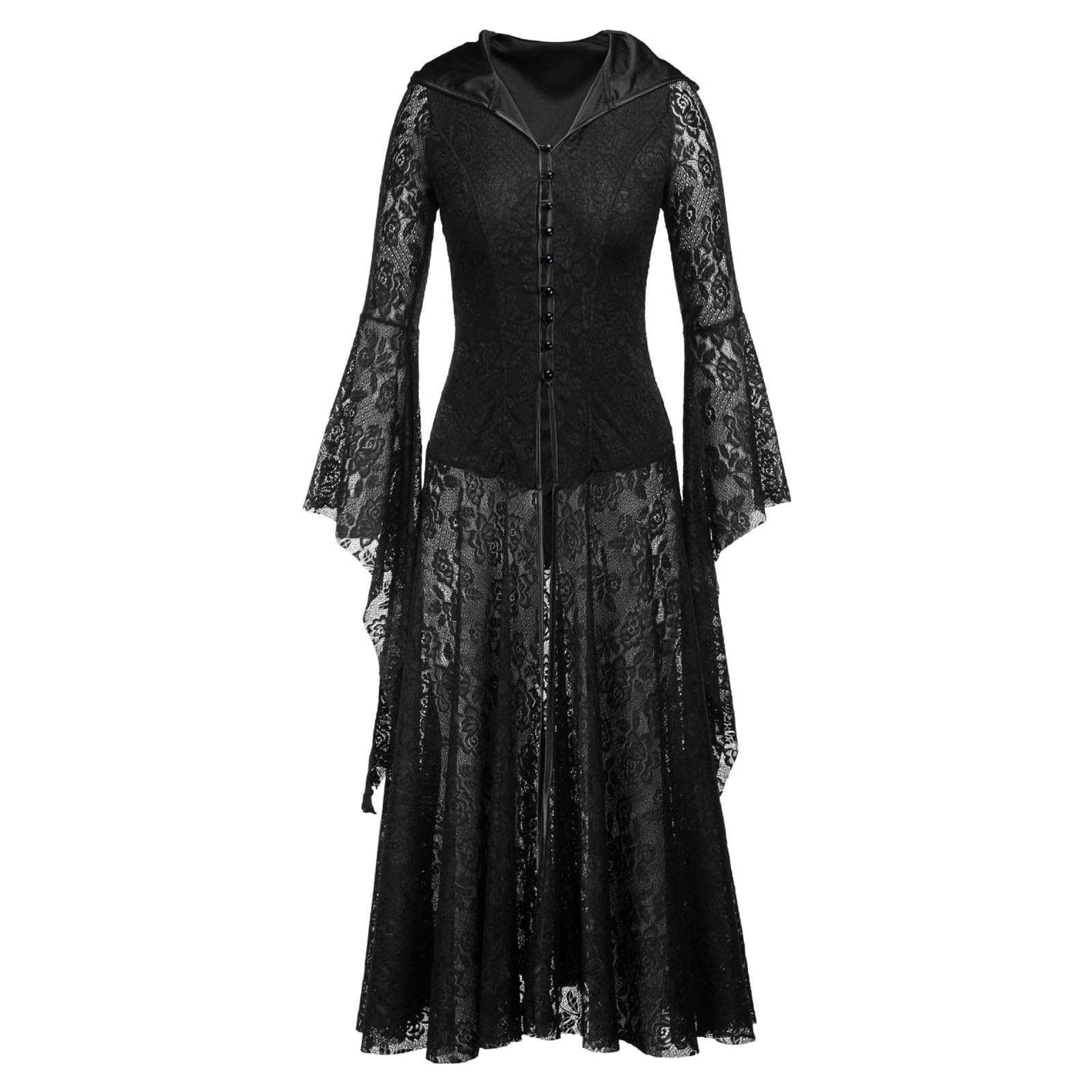 WAYOM Long Dress, Vintage Medieval Little Black Lace Dress Gothic Retro Midi Dress Streetwear Long Sleeve Black Sexy Hooded Dress Halloween Fashi (Color : Hortel�, Size : L)