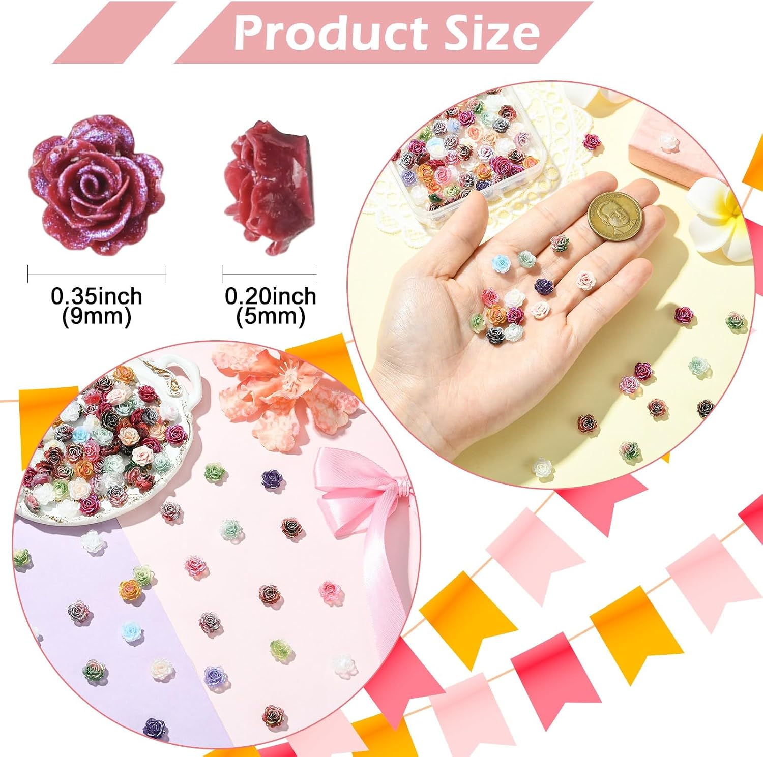 Stiesy Rose Slime Charm Beads with Glitter 9mm Flower Mini Nail Art Charms Plastic Mini Size Flatback No Hole Beads Cabochons for Nail Art Phone Case Decoration Jewelry Making 100pcs Mixed Color image 2
