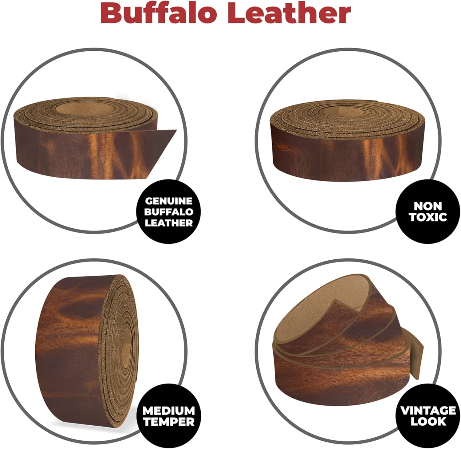 European Leather Works - Buffalo Belt Blanks 8-10 oz (3-4mm) Size: 1.5"x55-60" (3.8x139-152.4cm) - Vintage Cognac Color Full Grain Leather Belt Straps/Strips for Tooling, Holsters